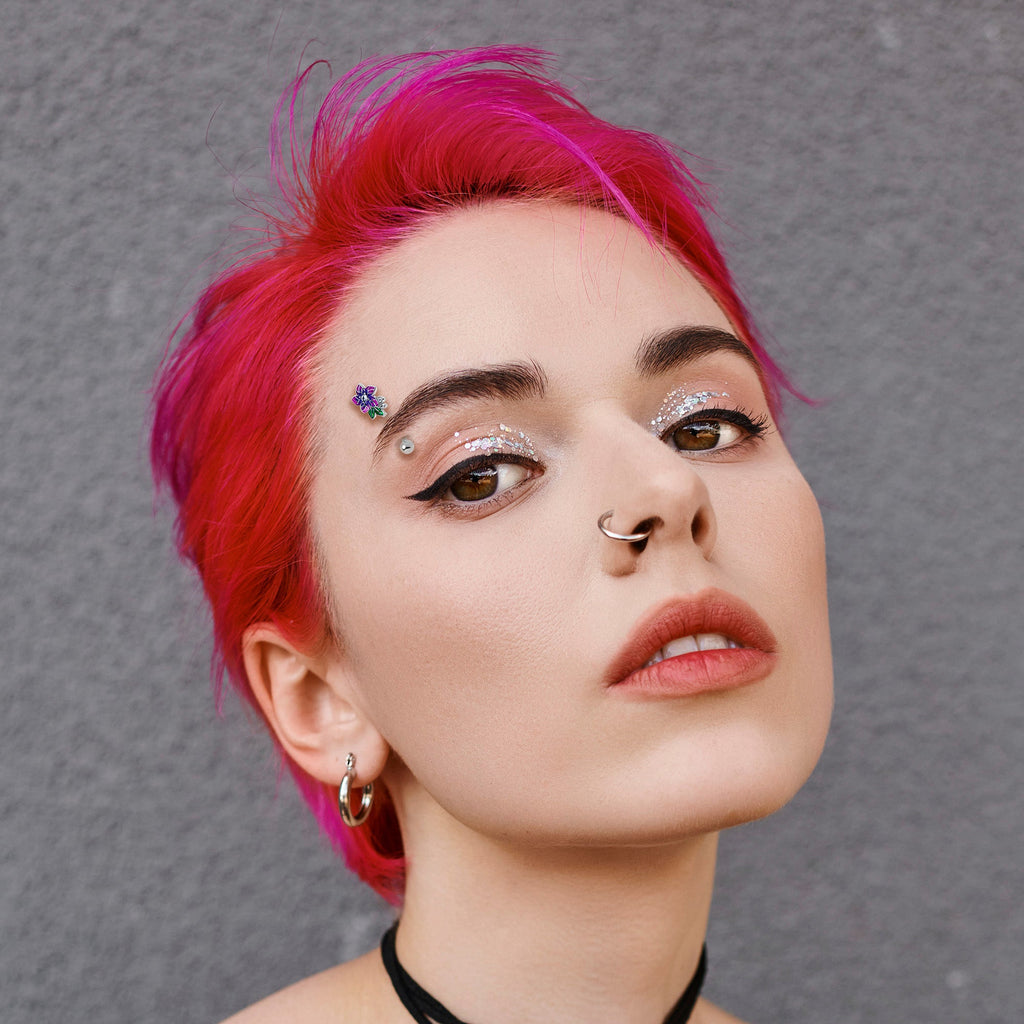 16G 5/16 Clear CZ Gem Flower Purple Curved Eyebrow Ring